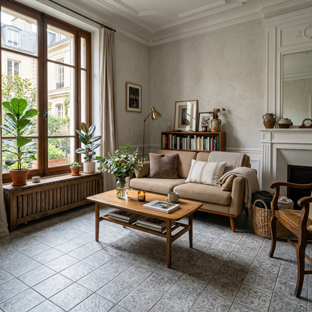 Sunlit Parisian living room with sofa, plants, coffee table, and fireplace