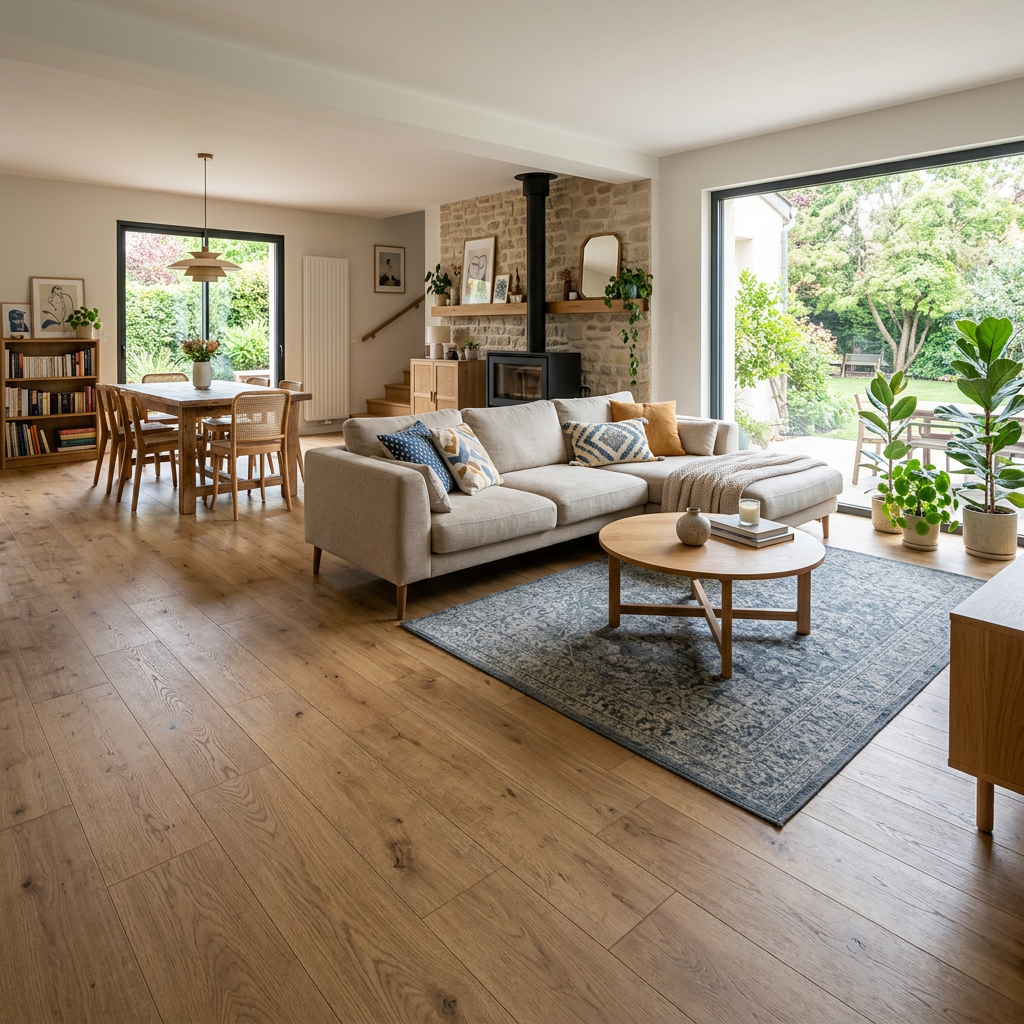 Open-plan living room and dining area with fireplace, sofa, plants, and garden views