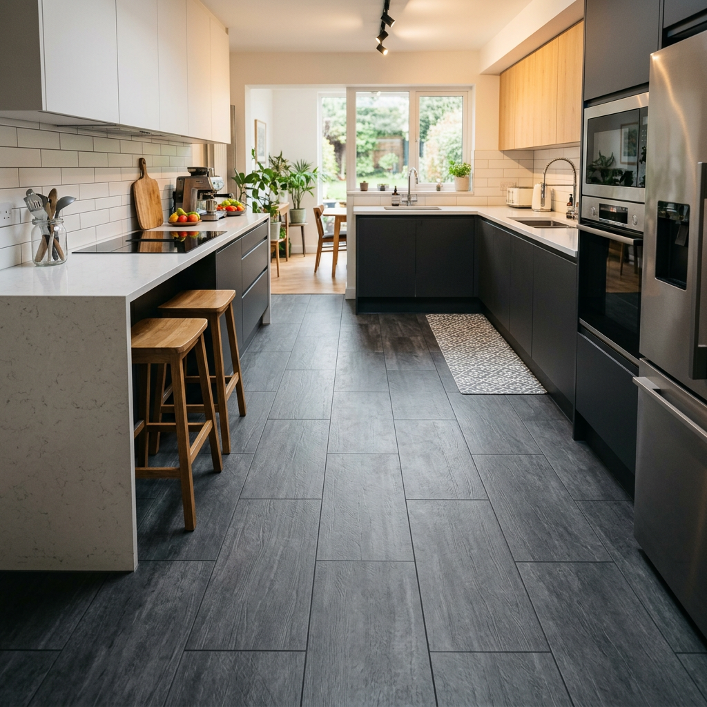 Modern kitchen with black cabinets, wood accents, island, and garden view